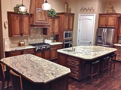 Granite countertops. Custom kitchen countertops with two islands.